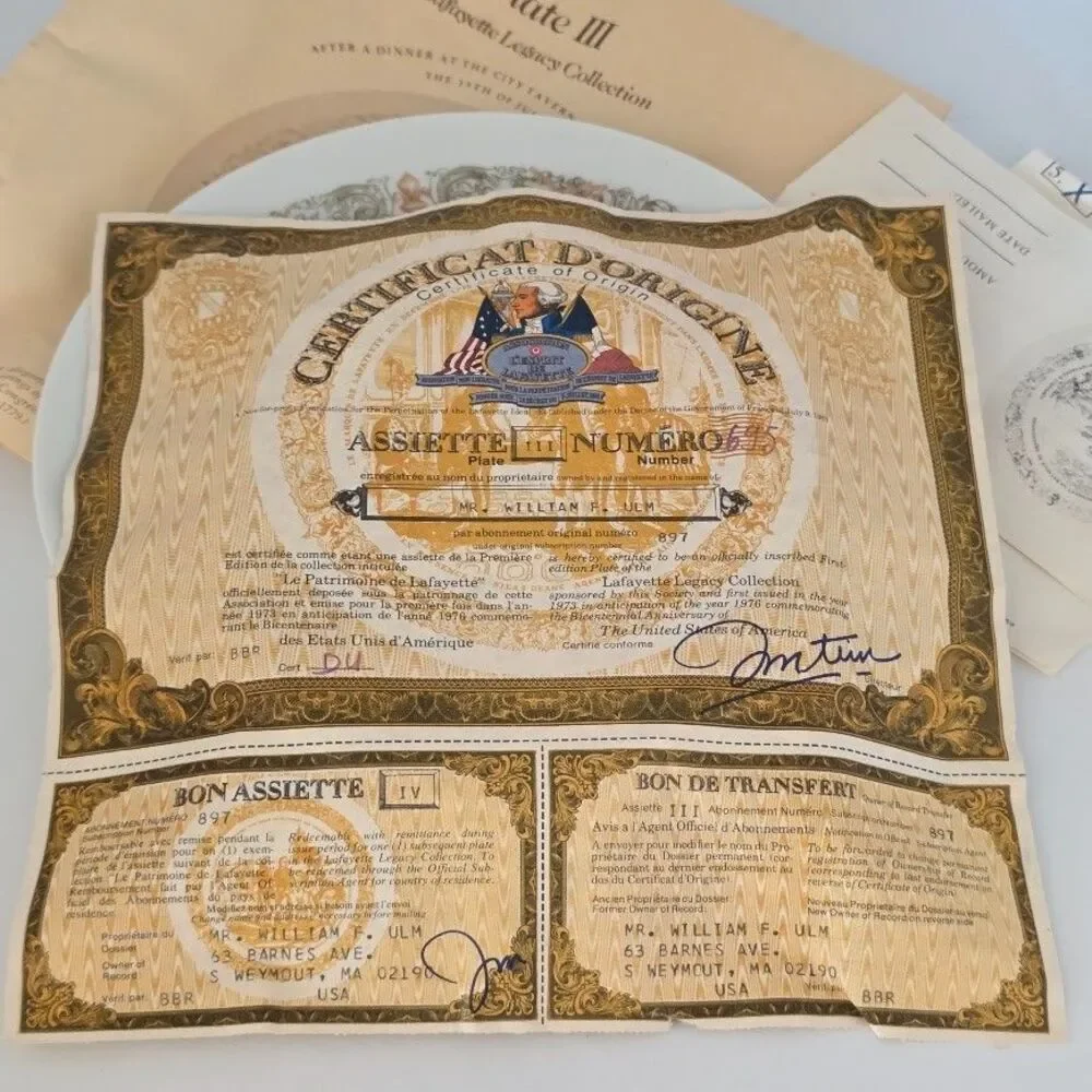 VTG Lafayette Legacy Plate III (NBR 695 IN Collection 1973) w/Paperwork w/Certs